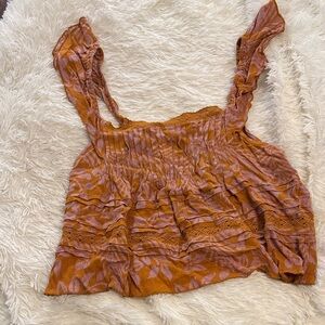 Roxy Rust and Pink Floral Ruffle Smocked Crop Top